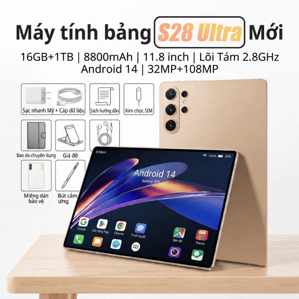Máy tính bảng S28Ultra 16+1TB Android 14 Màn Hình Lớn 11.8 Inch Giải Trí Học Tập Online Pin Bền 8800mAh Chụp Ảnh Siêu Né