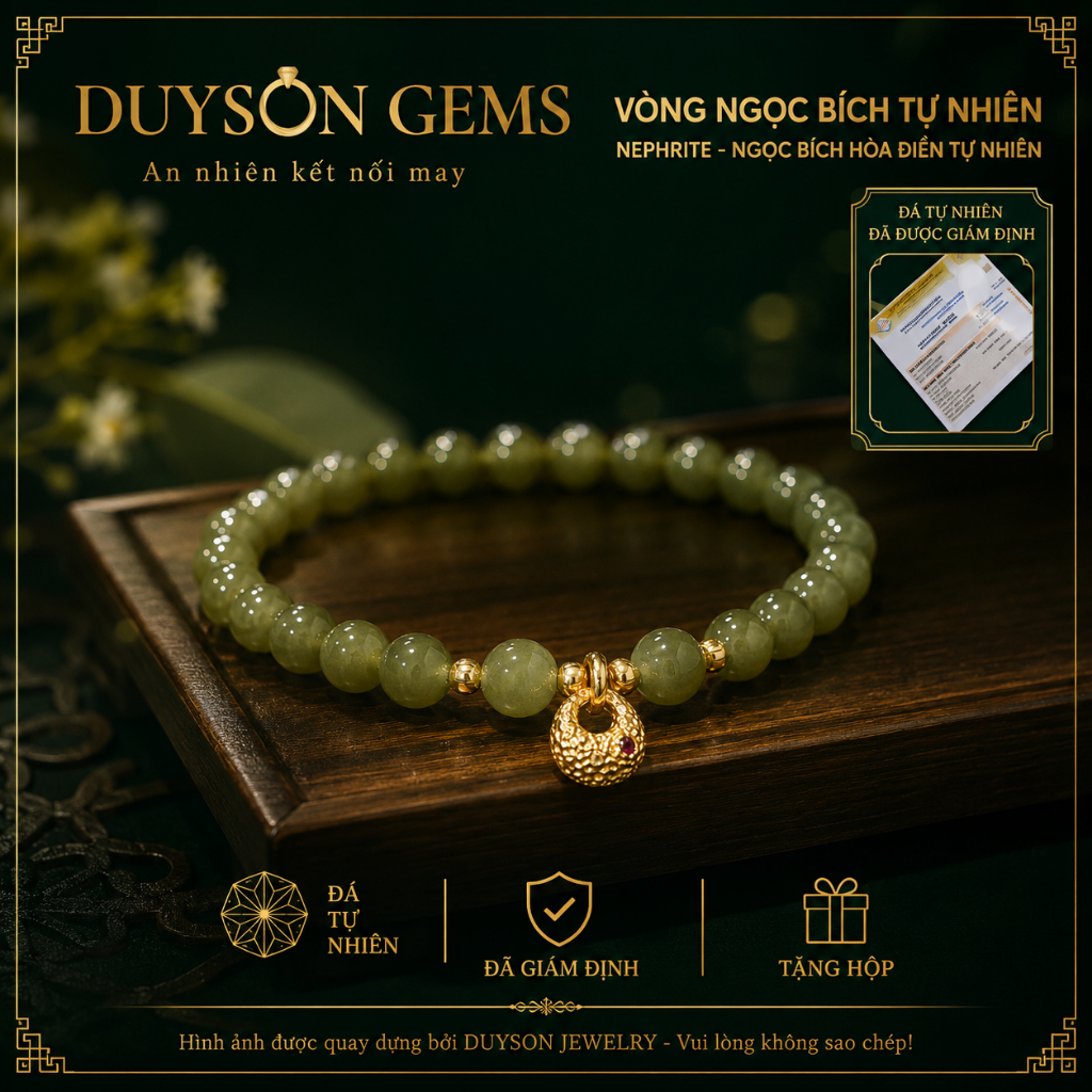 Vòng tay Duyson Gems chuỗi ngọc bích Hòa Điền mix charm túi tiền, hồ lô mạ vàng LTPT83
