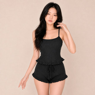 Set Bộ Đồ Ngủ Nữ Áo 2 Dây Viền Bèo Dáng Ôm Và Quần Đùi Dáng Ngắn Viền Bèo Xinh Xắn Chất Gân Len Đũa | BD001