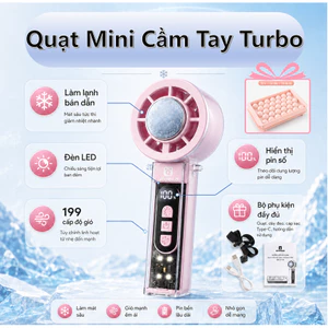 Quạt Mini 199 Cấp Độ Gió Siêu Mạnh Pin Trâu, Quạt Cầm Tay Mini Tích Điện Có Sò Lạnh, Xoay Gập 90°C