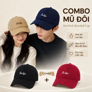 COMBO 2 Mũ lưỡi trai HAZIN thêu chữ New York, form cứng, vải kaki cao cấp, thời trang unisex phong cách Hàn Quốc