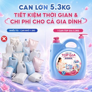(Tặng 10 Bịch Giấy) Can Nước Giặt TopGia 2 Vòi 5.3KG Lưu Hương 100H, An Toàn Đậm Đặc Làm Sạch Nhanh