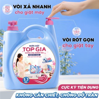 (Tặng 10 Bịch Giấy) Can Nước Giặt TopGia 2 Vòi 5.3KG Lưu Hương 100H, An Toàn Đậm Đặc Làm Sạch Nhanh