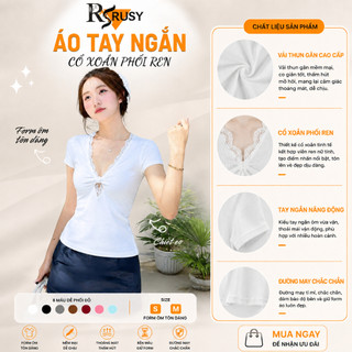 Áo Thun Body Nữ RUSY Tay Ngắn Phối Ren Cổ V Xoắn Tôn Dáng Mềm Mịn Co Giãn Dễ Phối Đồ TN15