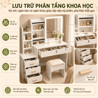 Nido Bàn Trang Điểm Gương Lùa Thông Minh - Kèm Ghế, Đèn LED & Tủ Lưu Trữ Hiện Đại