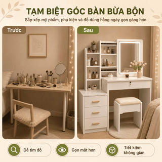 Nido Bàn Trang Điểm Gương Lùa Thông Minh - Kèm Ghế, Đèn LED & Tủ Lưu Trữ Hiện Đại