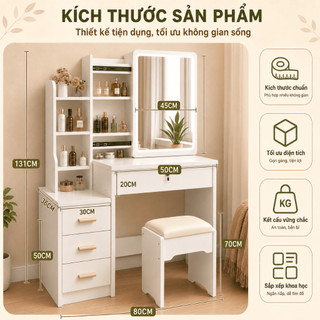 Nido Bàn Trang Điểm Gương Lùa Thông Minh - Kèm Ghế, Đèn LED & Tủ Lưu Trữ Hiện Đại