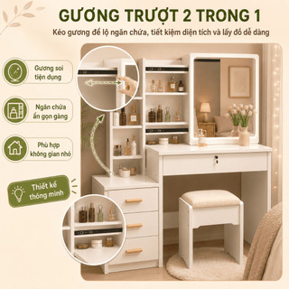 Nido Bàn Trang Điểm Gương Lùa Thông Minh - Kèm Ghế, Đèn LED & Tủ Lưu Trữ Hiện Đại