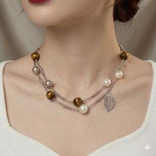[N1128] Vòng Cổ, Dây Chuyền, Mix Ngọc Nhân Tạo Kem Xám Vàng Và Đá Mắt Hổ Tự Nhiên - DAISYN