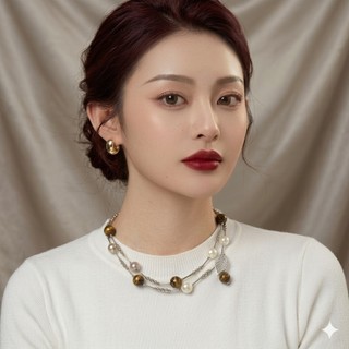 [N1128] Vòng Cổ, Dây Chuyền, Mix Ngọc Nhân Tạo Kem Xám Vàng Và Đá Mắt Hổ Tự Nhiên - DAISYN