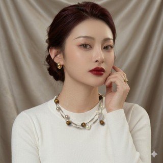 [N1128] Vòng Cổ, Dây Chuyền, Mix Ngọc Nhân Tạo Kem Xám Vàng Và Đá Mắt Hổ Tự Nhiên - DAISYN