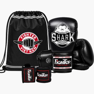 Combo - Găng Boxing Fighter Shark Cao Cấp + Băng đa Fighter + Túi rút 36cm x 48cm, Combo tập luyện