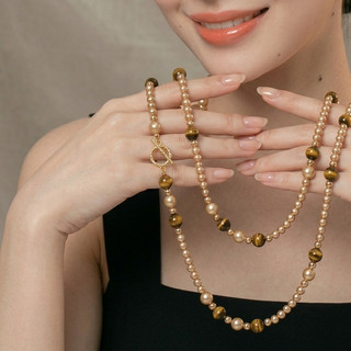 [N1127] Vòng Cổ, Dây Chuyền, Mix Ngọc Nhân Tạo Và Đá Mắt Hổ Tự Nhiên 90cm, Sang Trọng - DAISYN.
