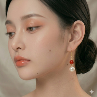 [N1103] Bông Tai, Khuyên Tai, Hạt Ngọc Trai Đá Nhân Tạo Dáng Dài Mix Đỏ Trắng, Sang Trọng, Phù Hợp Cho Nữ - DAISYN