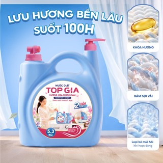 (Tặng 10 Bịch Giấy) Can Nước Giặt TopGia 2 Vòi 5.3KG Lưu Hương 100H, An Toàn Đậm Đặc Làm Sạch Nhanh