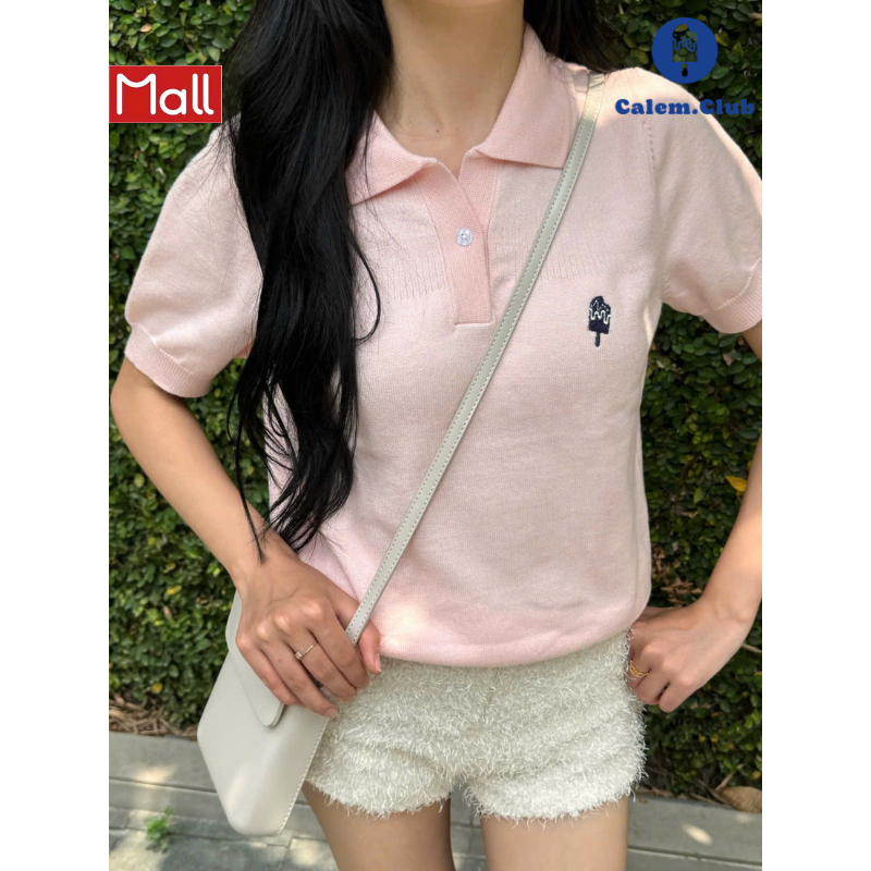 Calem.Club - Áo Polo Nữ Dệt Kim ICEPOP họa tiết Thêu Mini vải trơn form nữ áo len nữ