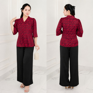 Sét đồ bộ trung niên gấm lụa cao cấp sang trọng mã 75 – Quần suông, áo cổ kiểu thanh lịch cho mẹ yêu