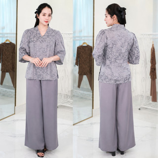 Sét đồ bộ trung niên gấm lụa cao cấp sang trọng mã 75 – Quần suông, áo cổ kiểu thanh lịch cho mẹ yêu