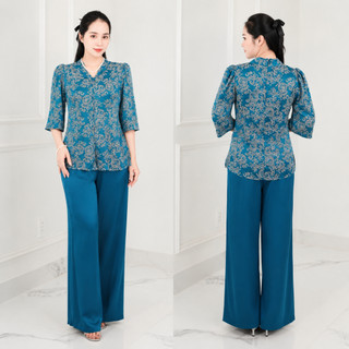 Sét đồ bộ trung niên gấm lụa cao cấp sang trọng mã 75 – Quần suông, áo cổ kiểu thanh lịch cho mẹ yêu