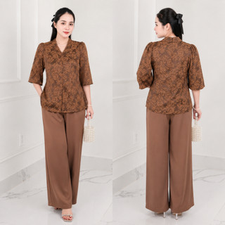 Sét đồ bộ trung niên gấm lụa cao cấp sang trọng mã 75 – Quần suông, áo cổ kiểu thanh lịch cho mẹ yêu