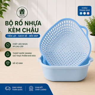Rổ Nhựa Kèm Chậu Cao Cấp Bộ Rổ Đựng Rau Rổ 6 Món Rổ 2 Lớp Vuông Hokori
