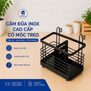 CẮM ĐŨA INOX CAO CẤP CÓ MÓC TREO, Ống Cắm Đũa Thìa Inox Sơn Tĩnh Điện 4101, không gỉ