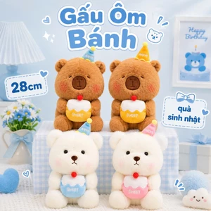 Gấu Bông Capybara 25cm, Đội Mũ Ôm Bánh Sinh Nhật, Lông Mịn, Món Quà Tặng Sinh Nhật Ý Nghĩa