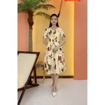 Đầm xòe trung niên cho mẹ - Cổ tròn tay ngắn - kem họa tiết - TTV2090 — ảnh 3