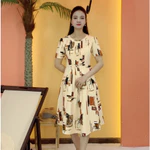 Đầm xòe trung niên cho mẹ - Cổ tròn tay ngắn - kem họa tiết - TTV2090 — ảnh 1
