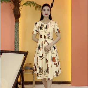 Đầm xòe trung niên cho mẹ - Cổ tròn tay ngắn - kem họa tiết - TTV2090