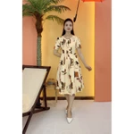 Đầm xòe trung niên cho mẹ - Cổ tròn tay ngắn - kem họa tiết - TTV2090 — ảnh 4