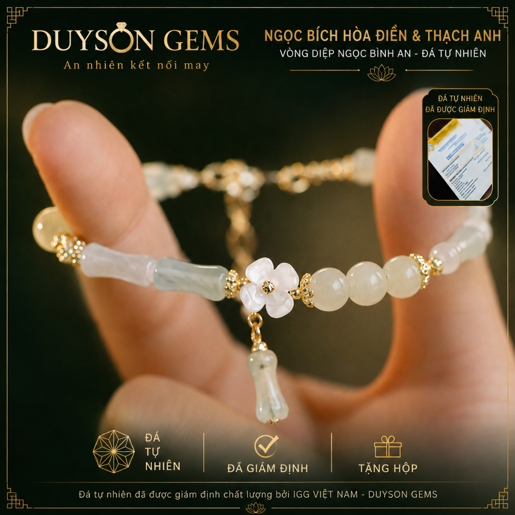 Vòng tay Duyson Gems đốt trúc ngọc bích Hòa Điền, charm cỏ 4 lá may mắn LTPT116