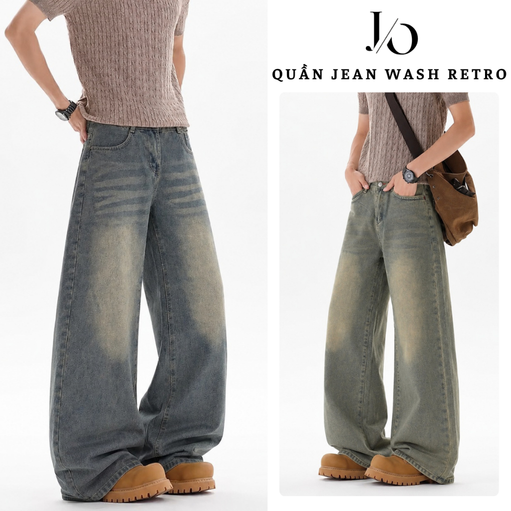 Quần Jean Nam Xanh Đen Wash Retro Suông Ống Rộng Lưng Cao Quần Jean Unisex Form Suông Dáng Dài BIGSIZE