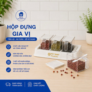 Set 4 hũ đựng gia vị nhà bếp kèm muỗng nhựa Việt Nhật cao cấp an toàn cho gia đình