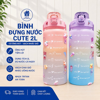 Bình nước 2 lít dành cho người lười uống nước, bình nước cute 2L có ống hút, chia vạch nhắc giờ