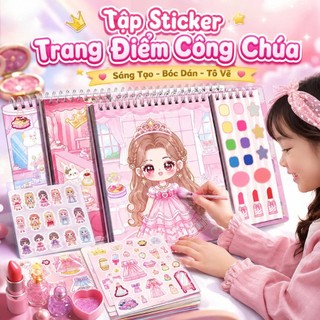 Tập Sticker Trang Điểm Công Chúa Đáng Yêu Cho Bé Gái - Sách Bóc Dán Tập Tô, Vẽ Hình DIY Công Chúa Dễ Thương Cho Bé