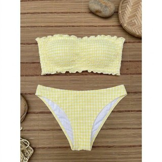 Tặng quây váy - Bikini 2 mảnh, bộ đồ bơi nữ đi biển màu vàng caro có đệm ngực hàng VNXK