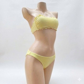 Tặng quây váy - Bikini 2 mảnh, bộ đồ bơi nữ đi biển màu vàng caro có đệm ngực hàng VNXK