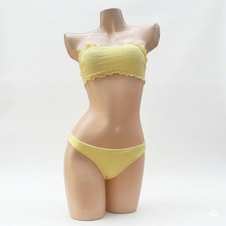 Tặng quây váy - Bikini 2 mảnh, bộ đồ bơi nữ đi biển màu vàng caro có đệm ngực hàng VNXK