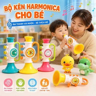 Bộ Đồ Chơi Kèn Harmonica,Trumpet Cho Bé Kèm Còi Thú Vịt Vàng, Khủng Long, Thỏ Trắng Đáng Yêu, Âm Thanh Vui Nhộn