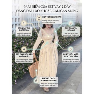 Váy nữ 2 dây cúp ngực chiết eo họa tiết nơ nhí siêu xinh kèm áo khoác cadigan mỏng,đầm nữ dáng dài tiểu thư HCOM25494