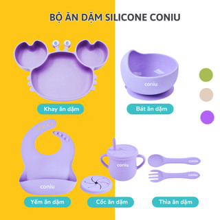Bộ Ăn Dặm Silicone Coniu Hình Cua Cho Bé, Combo Bát- Khay- Yếm- Thìa- Cốc Silicone Cao Cấp