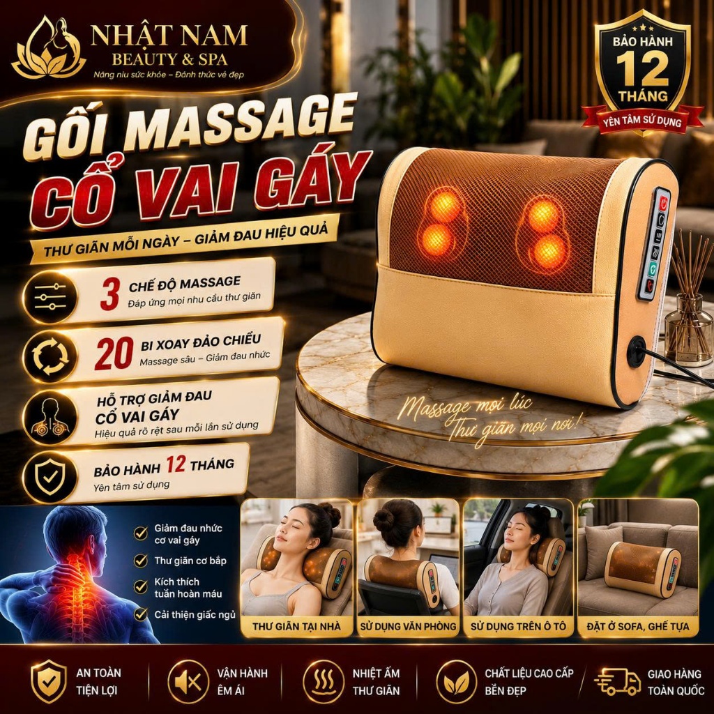 Gối Massage Cổ Vai Gáy 20 Bi Hồng Ngoại – 3 Chế Độ, Xoay Đảo Chiều