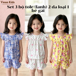 Combo 3 bộ tole(lanh) tay cánh tiên quần đùi bé gái