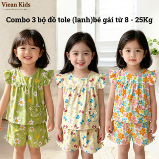 Combo 3 bộ tole(lanh) tay cánh tiên quần đùi bé gái