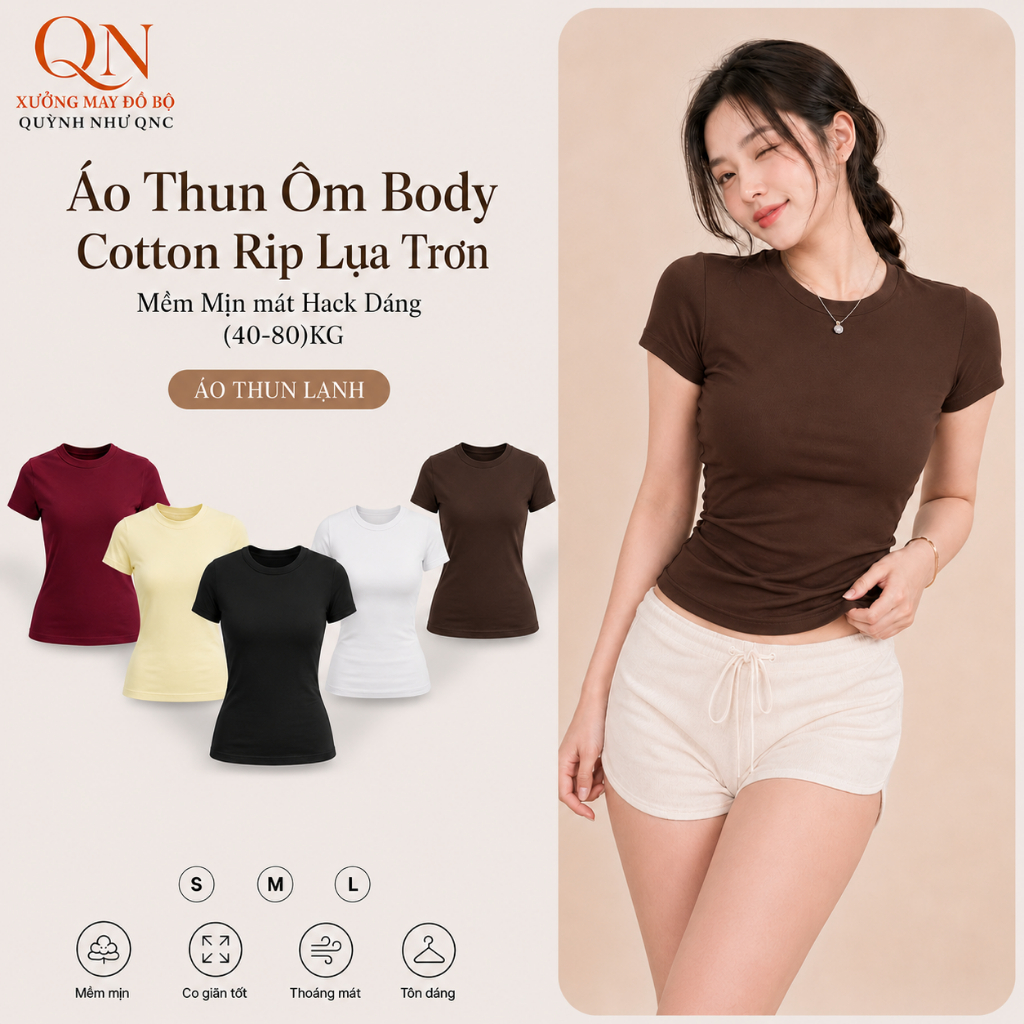Áo Thun Ôm Body Cotton Rip Lụa Trơn Mềm Mịn mát Hack Dáng (40-80)KG QNC ...