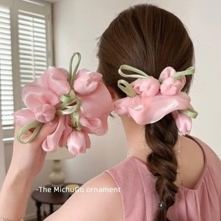 Scrunchies cột tóc vải voan sóng nữ đuôi hoa tulip nhiều màu hot trend phụ kiện tóc mùa xuân