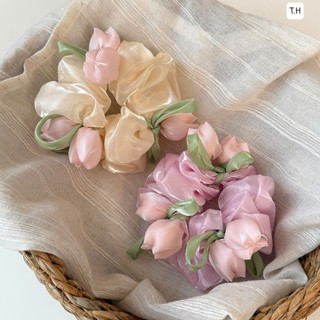 Scrunchies cột tóc vải voan sóng nữ đuôi hoa tulip nhiều màu hot trend phụ kiện tóc mùa xuân