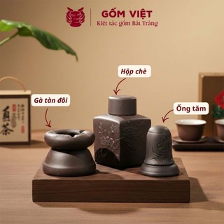 Bộ phụ kiện tử sa đất nung 3 món hoạ tiết khắc chìm màu đen, đỏ - Gốm sứ Bát Tràng - Gốm Việt