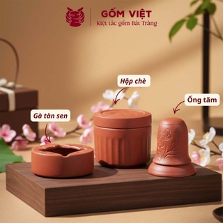 Bộ phụ kiện tử sa đất nung 3 món hoạ tiết khắc chìm màu đen, đỏ - Gốm sứ Bát Tràng - Gốm Việt